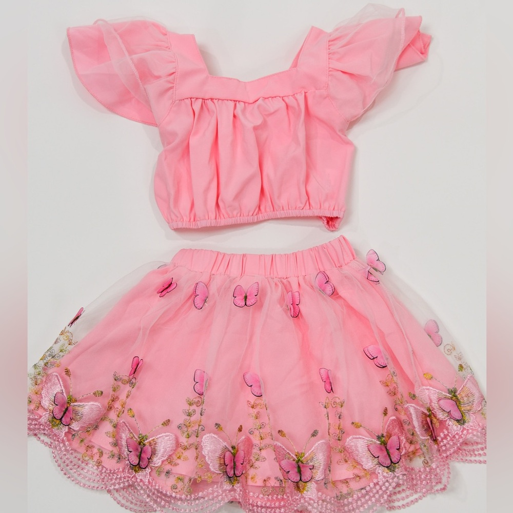 Pink Butterfly Top and Skirt Set